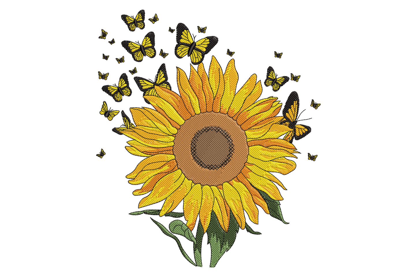 Bright sunflower with butterflies embroidery design, full golden sunflower with three butterflies in botanical illustration style.