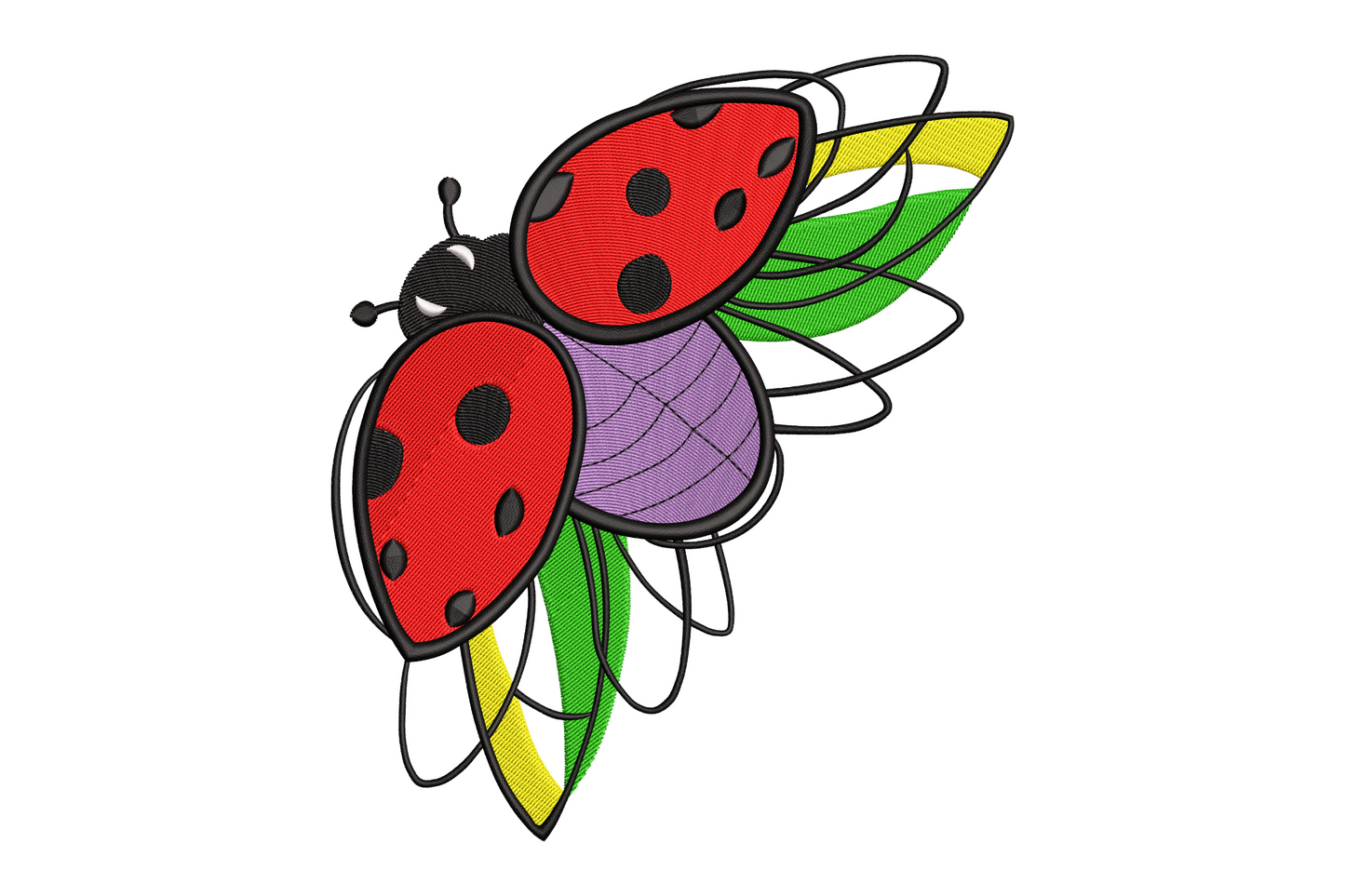 Two overlapping ladybugs embroidery design with red shells, black spots, lavender bodies, and colorful fan-shaped wings in green and yellow