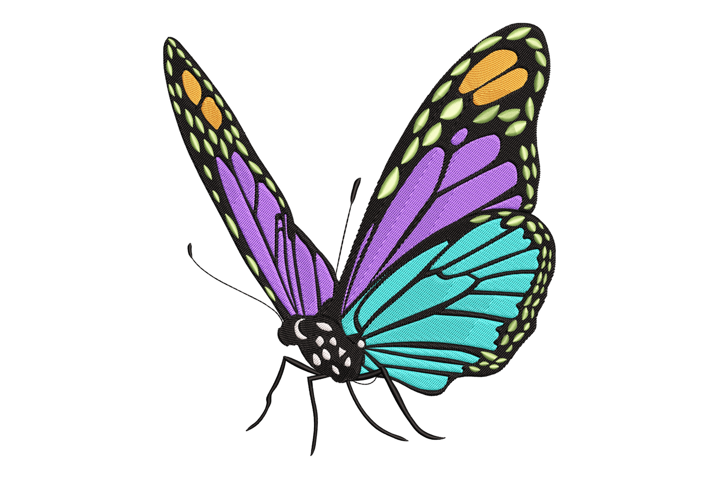 Bright colorful butterfly embroidery design with spread wings in cobalt blue, orange, lime green and purple on white fabric