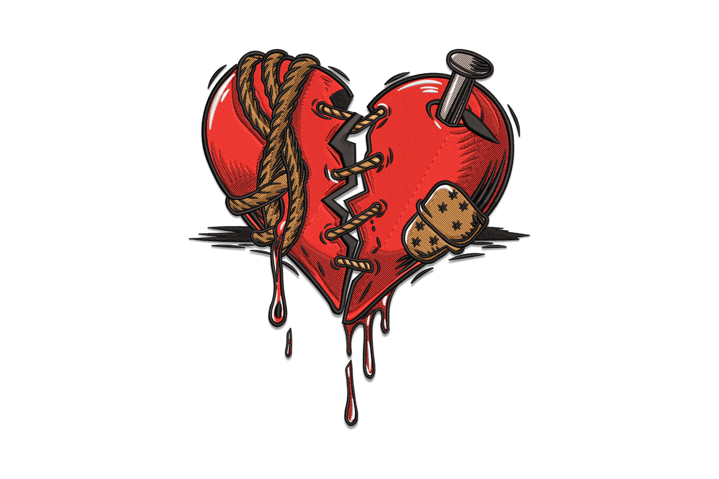 Broken heart tattoo style embroidery design with nail, rope, drips and bandage in red, brown and black thread.