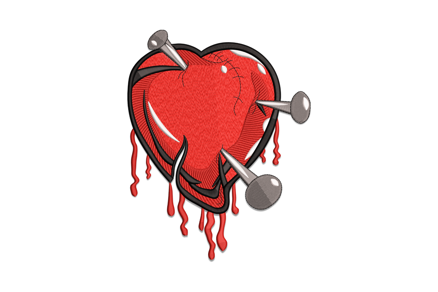 Broken heart with nails embroidery design showing cracked red heart pierced by three nails with dark drips on white background.