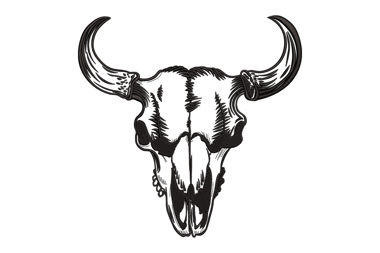 Frontal bull skull with wide sweeping horns single colour bold western graphic, satin fill with open eye sockets, symmetrical square composition
