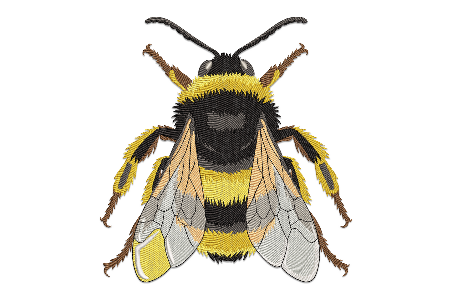 Top-down bumblebee embroidery design with amber yellow banding, fuzzy thorax texture and translucent wings on white background