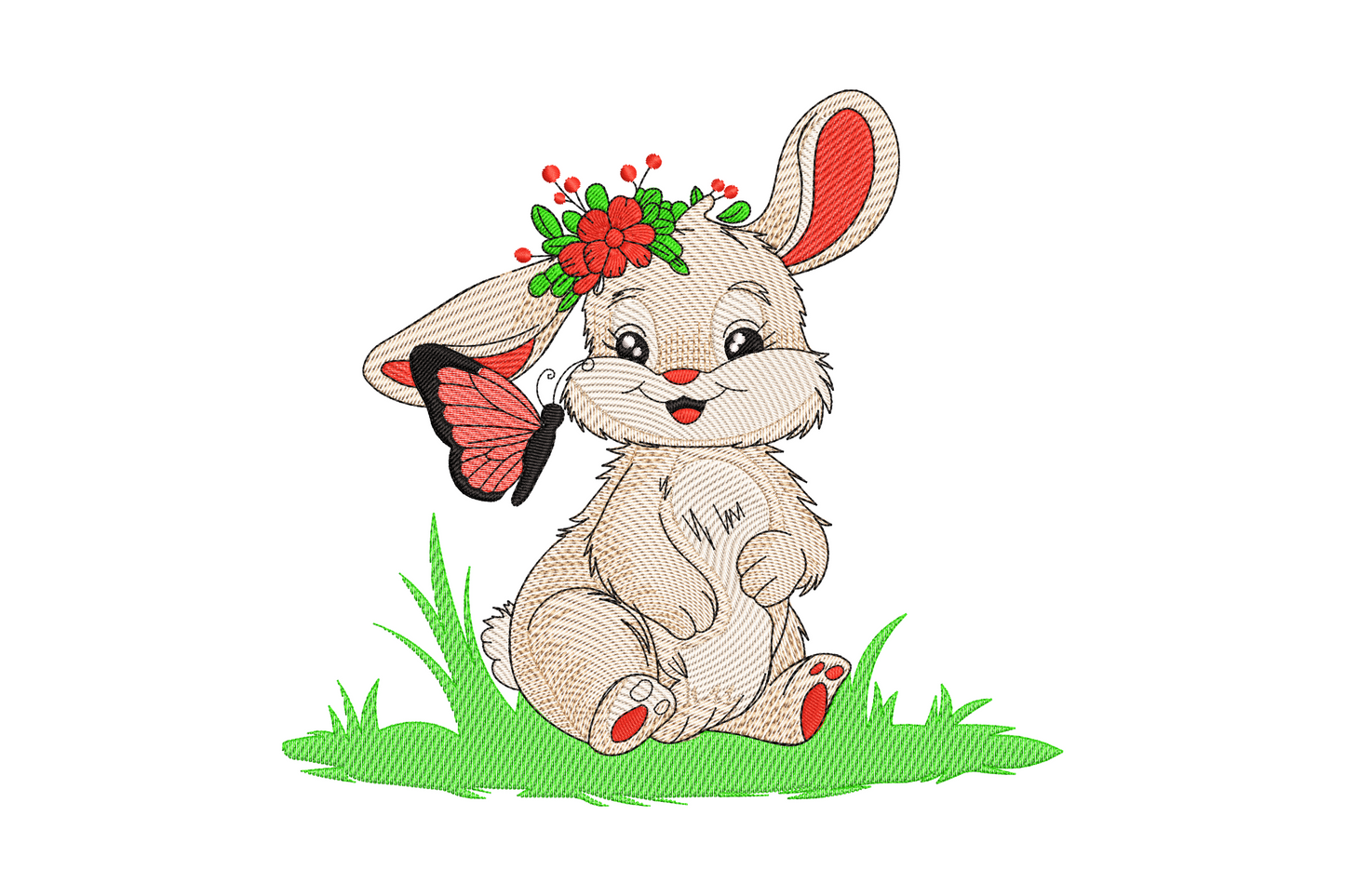 Easter bunny with butterfly on its nose embroidery, soft cartoon style in 7 pastel colours, seated bunny looking up gently