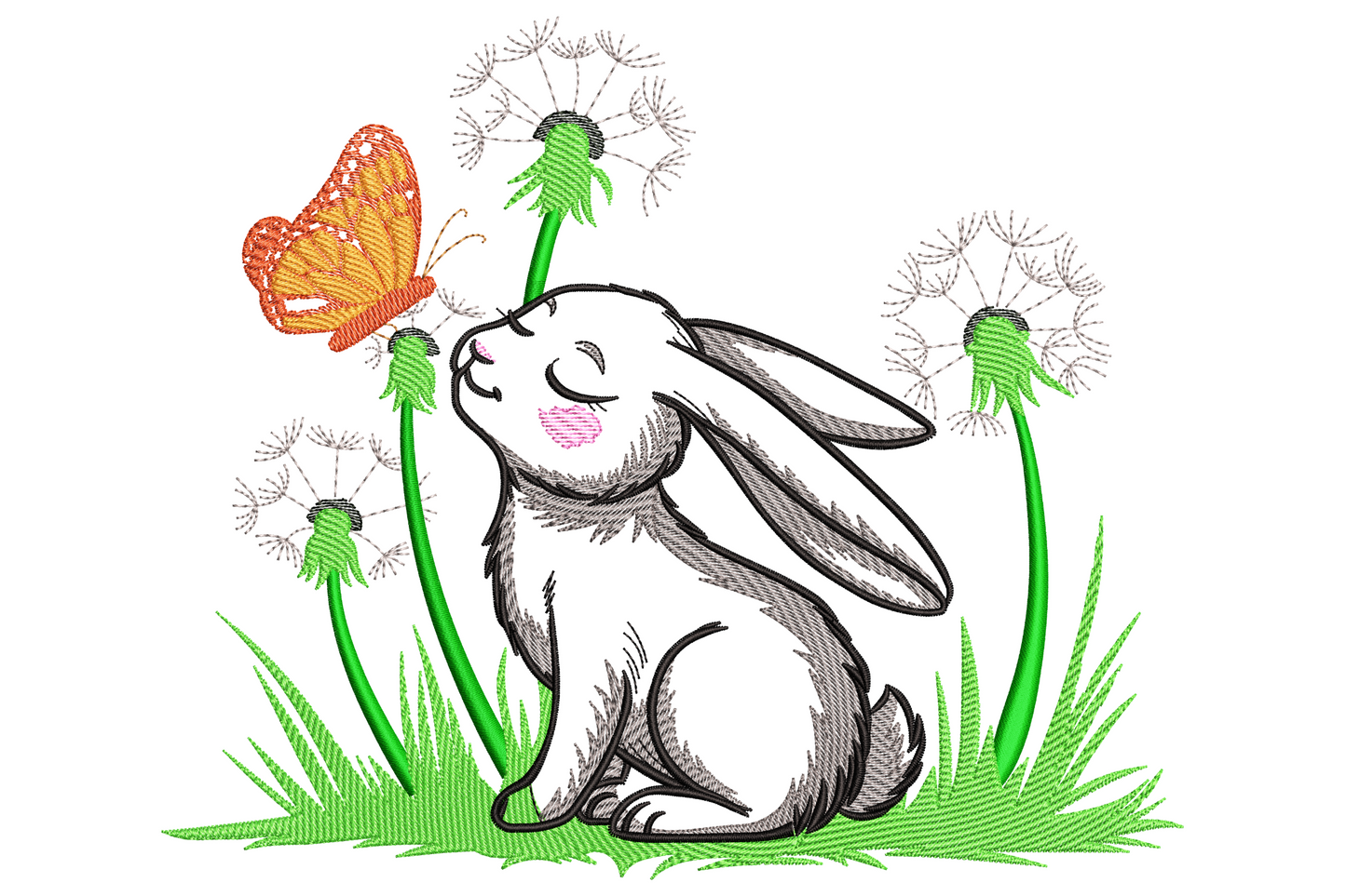 Bunny with butterfly embroidery design, sketchy white rabbit sitting in grass smiling at an orange butterfly on a dandelion