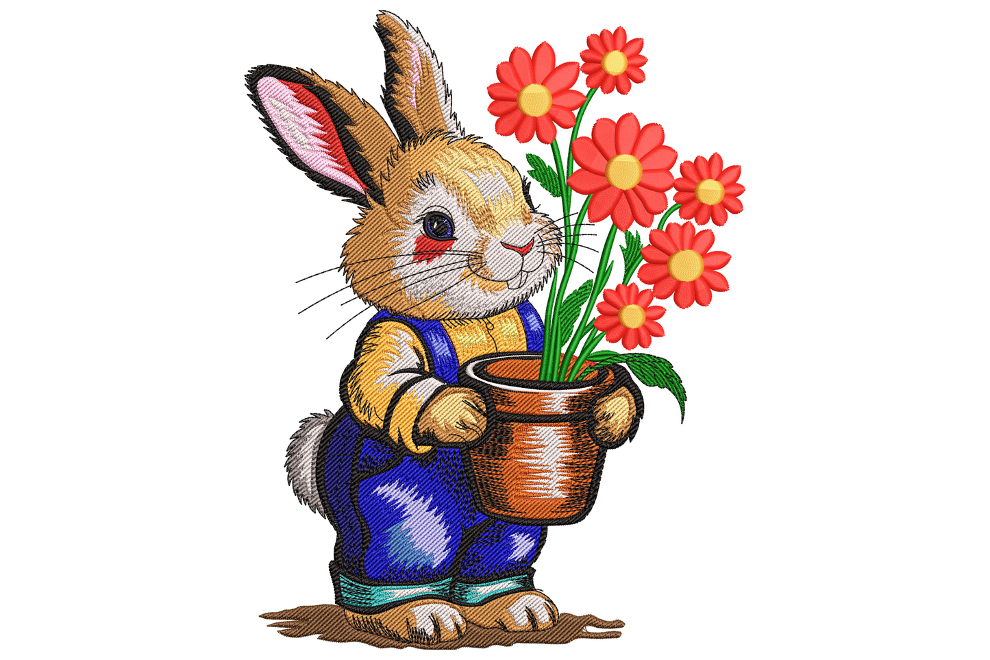 Detailed grey bunny standing beside terracotta flower pot filled with tulips daisies and butterfly, semi-realistic spring embroidery design with painterly shading