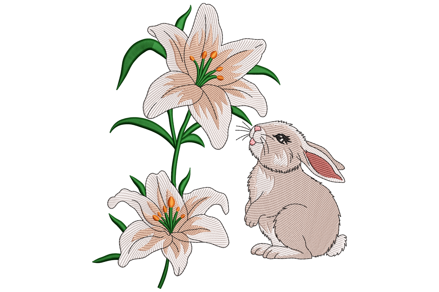 Bunny with lily flowers embroidery design showing white seated rabbit surrounded by blush pink lilies and green stems, 8 colours.