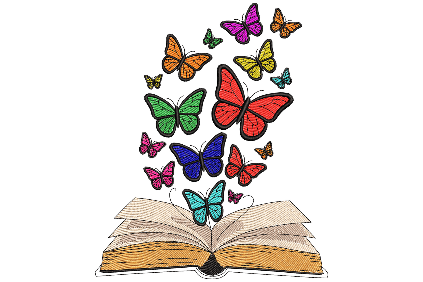 Open hardback book with colourful butterflies rising from the pages in orange, navy, purple, teal, green and magenta.