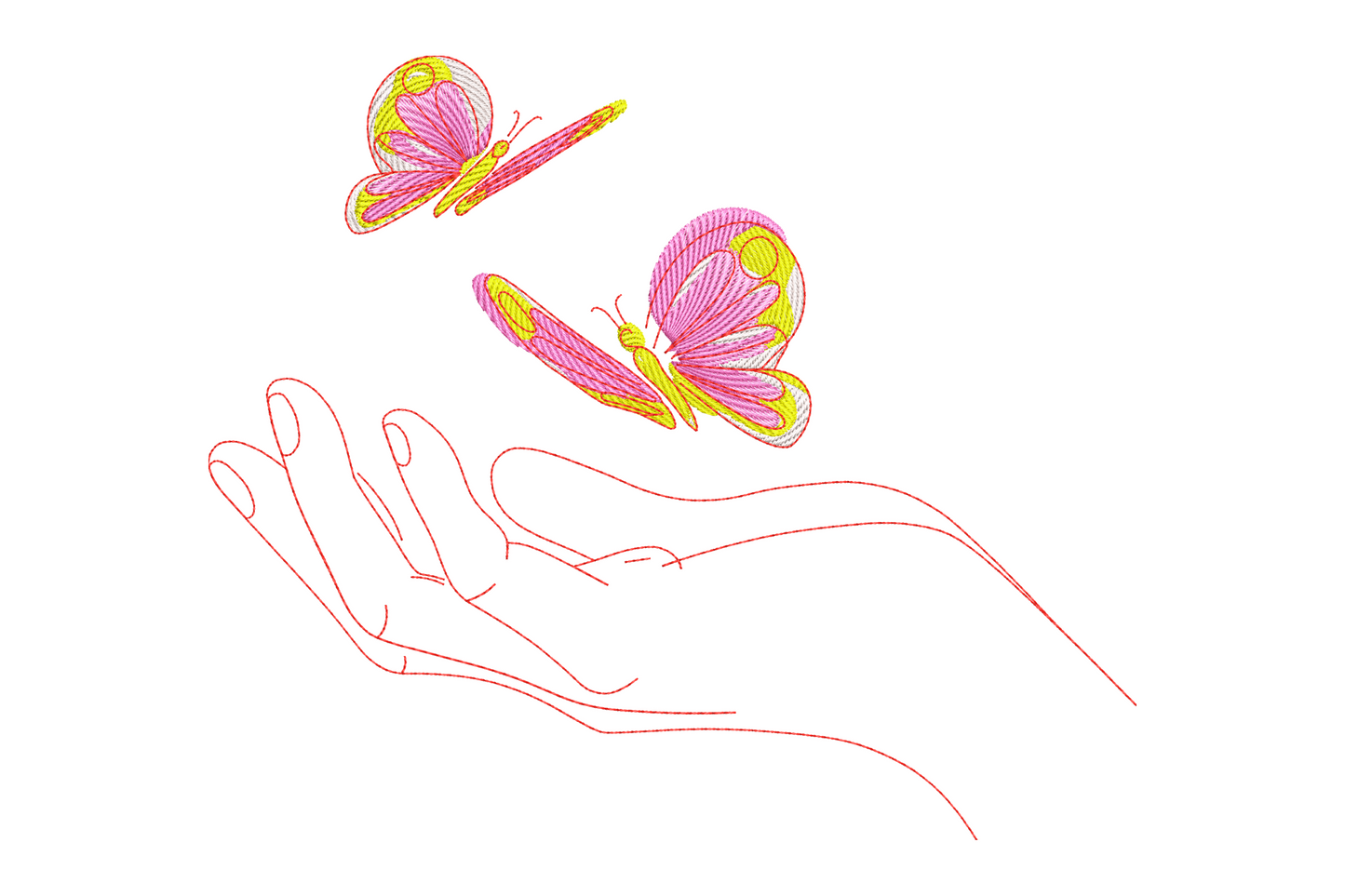 Two pink and yellow satin butterflies hovering above a delicate red-outline hand embroidery design on white background.