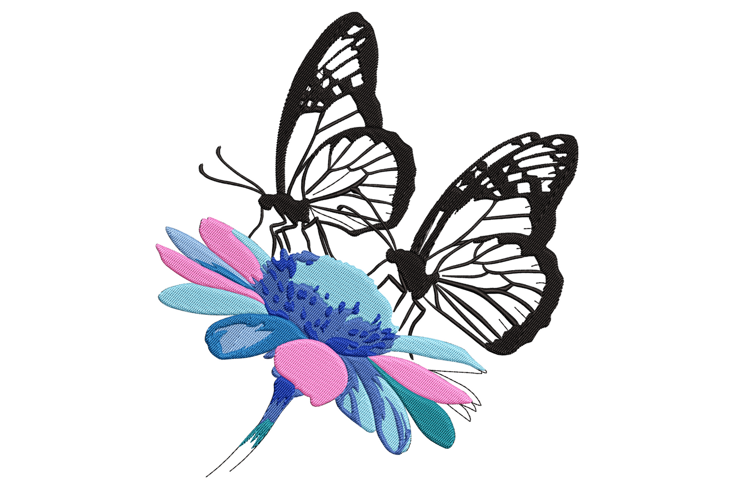 Butterflies on floral bloom embroidery design, tangerine wings on dusty pink flowers with sage stems, white pillow.
