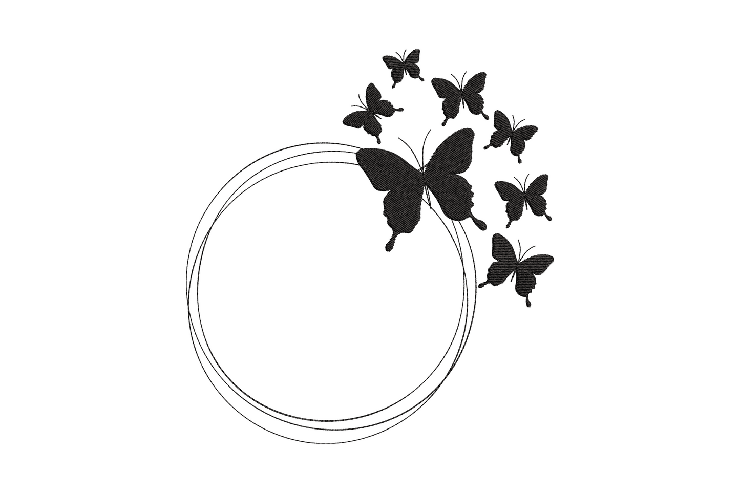 Butterfly circle frame embroidery design, single color decorative circular border with butterfly inside, 5 sizes from 3.5 to 7.5 inches wide