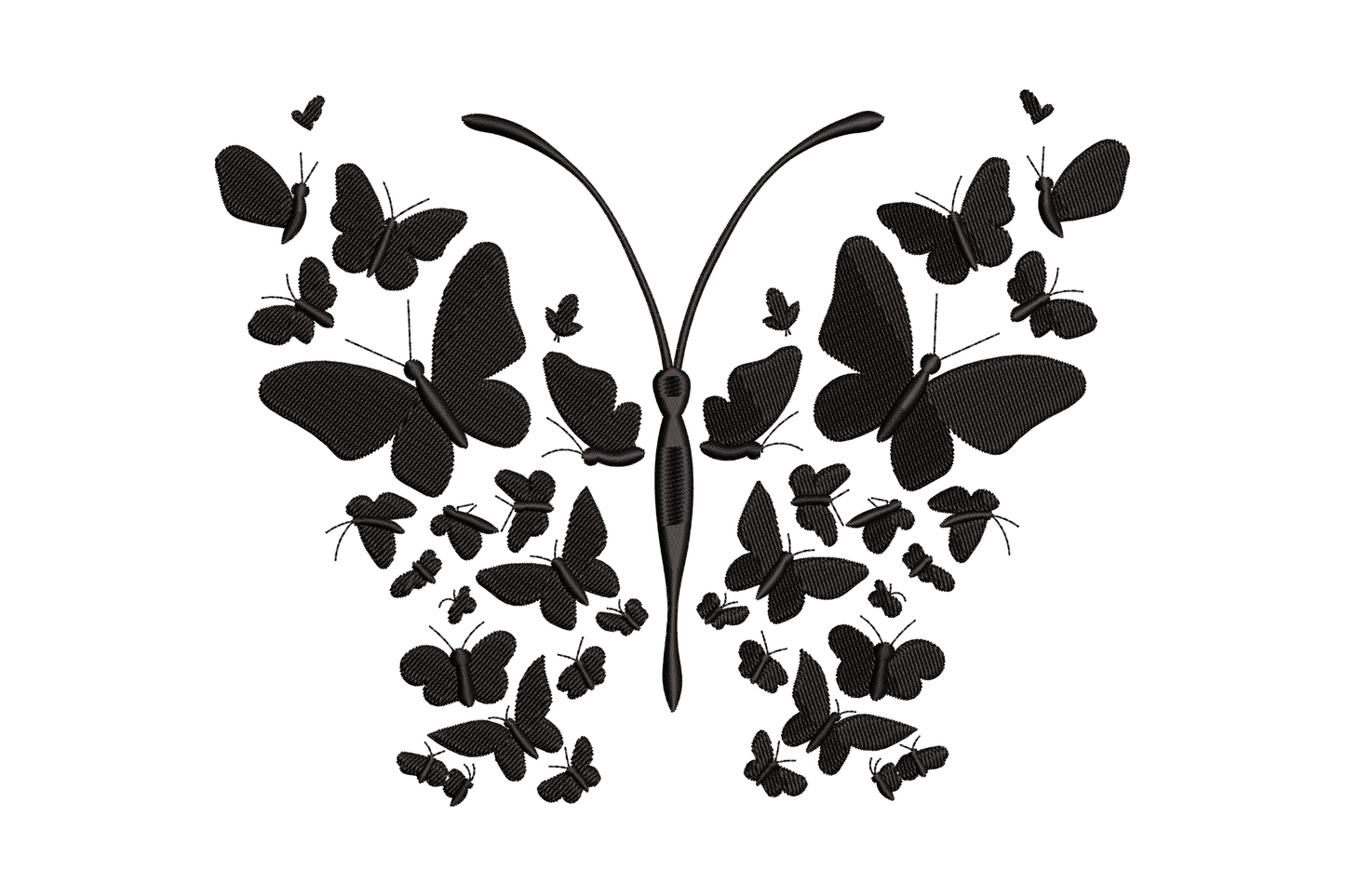 Butterfly cluster embroidery with a big butterfly silhouette made up of smaller butterflies clustered into the wing shape, single black thread monochrome