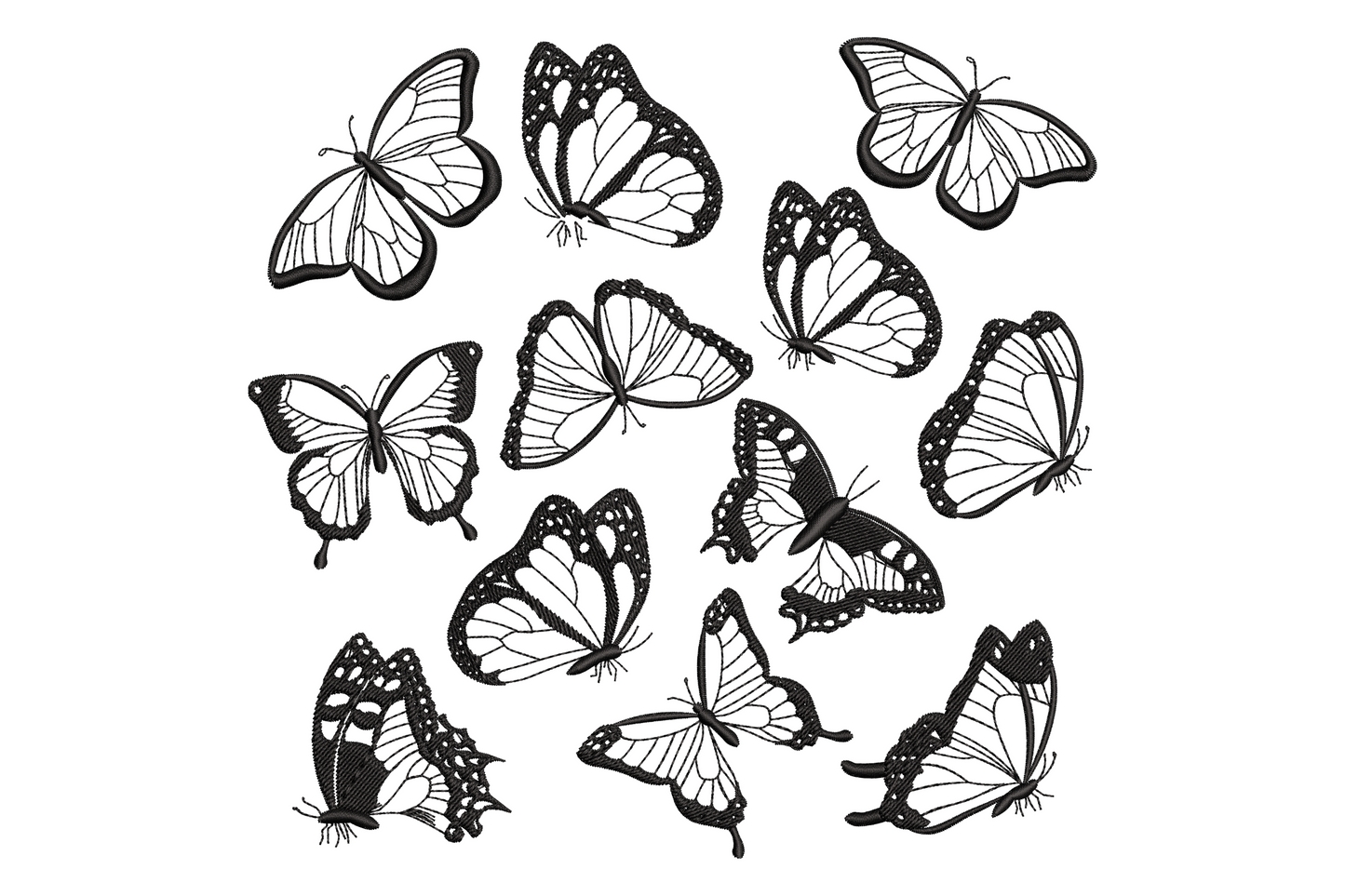 Butterfly collection embroidery design with twelve individual butterfly species scattered in a loose cloud formation in black satin stitch