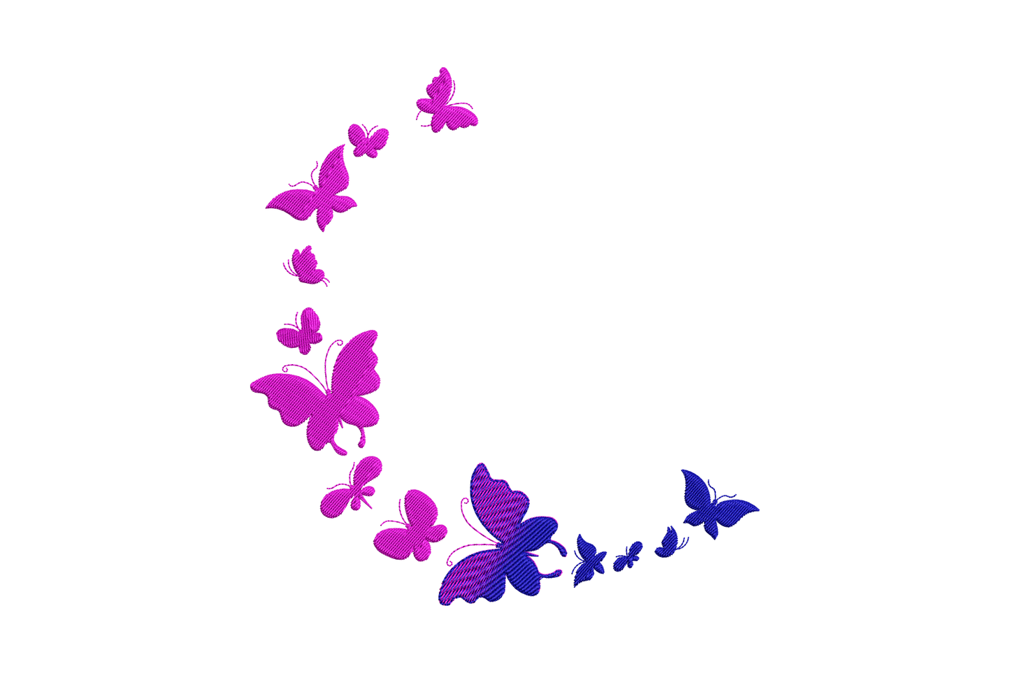 Butterfly crescent curve embroidery design, arc of dark magenta and navy butterflies in flight, 2-color machine embroidery