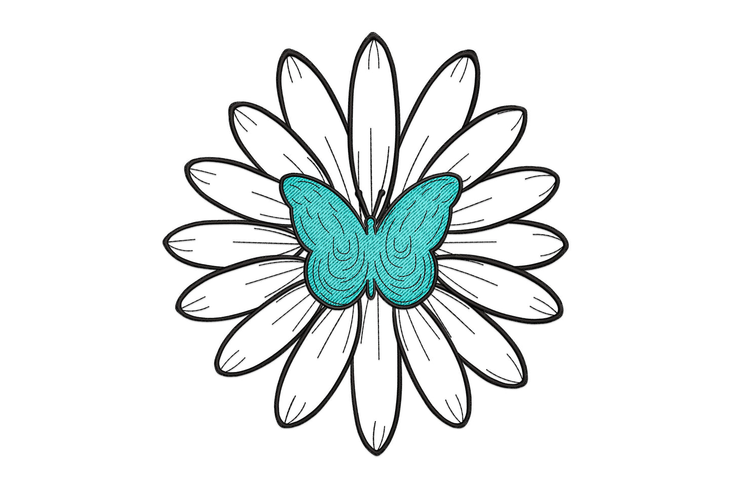 Butterfly daisy embroidery design with open outline daisy petals and aqua satin butterfly wings at the centre in two colours.