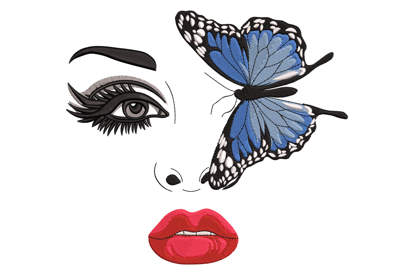 Butterfly face embroidery design with single lashed eye, cobalt blue morpho butterfly and red lips in editorial fashion style.