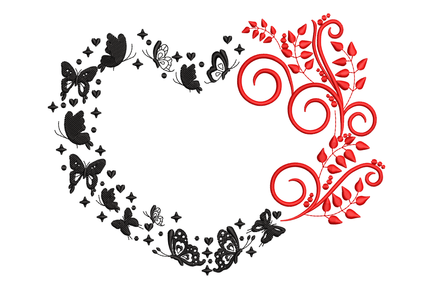 Butterfly floral heart wreath embroidery design with black lacy butterflies on the left half and red satin scrollwork on the right half