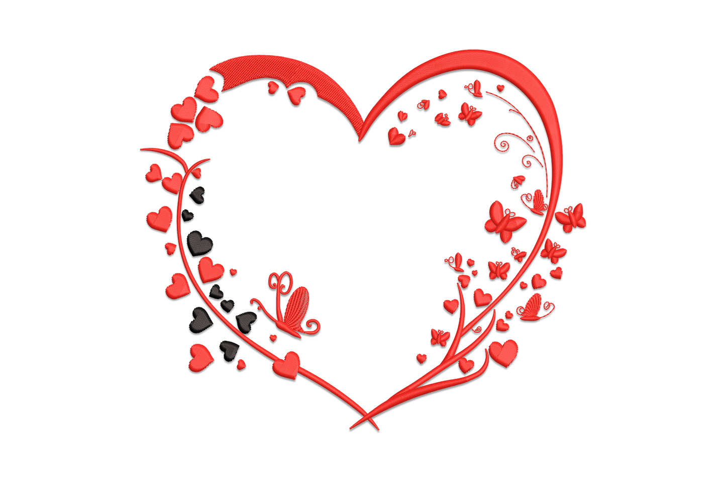 Butterfly floral heart embroidery, red satin heart outline with vine stems, small hearts, leaf shapes and two black butterfly silhouettes climbing the edges