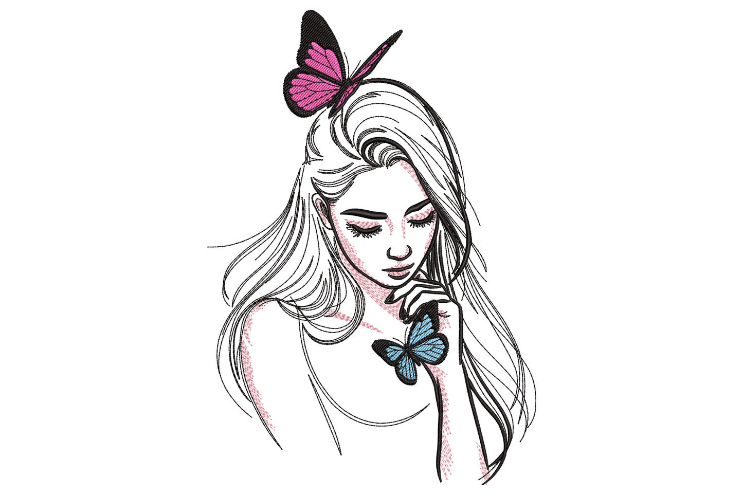 Butterfly girl embroidery design, fashion line art, woman with flowing hair, pink and blue butterflies, 4 thread colors