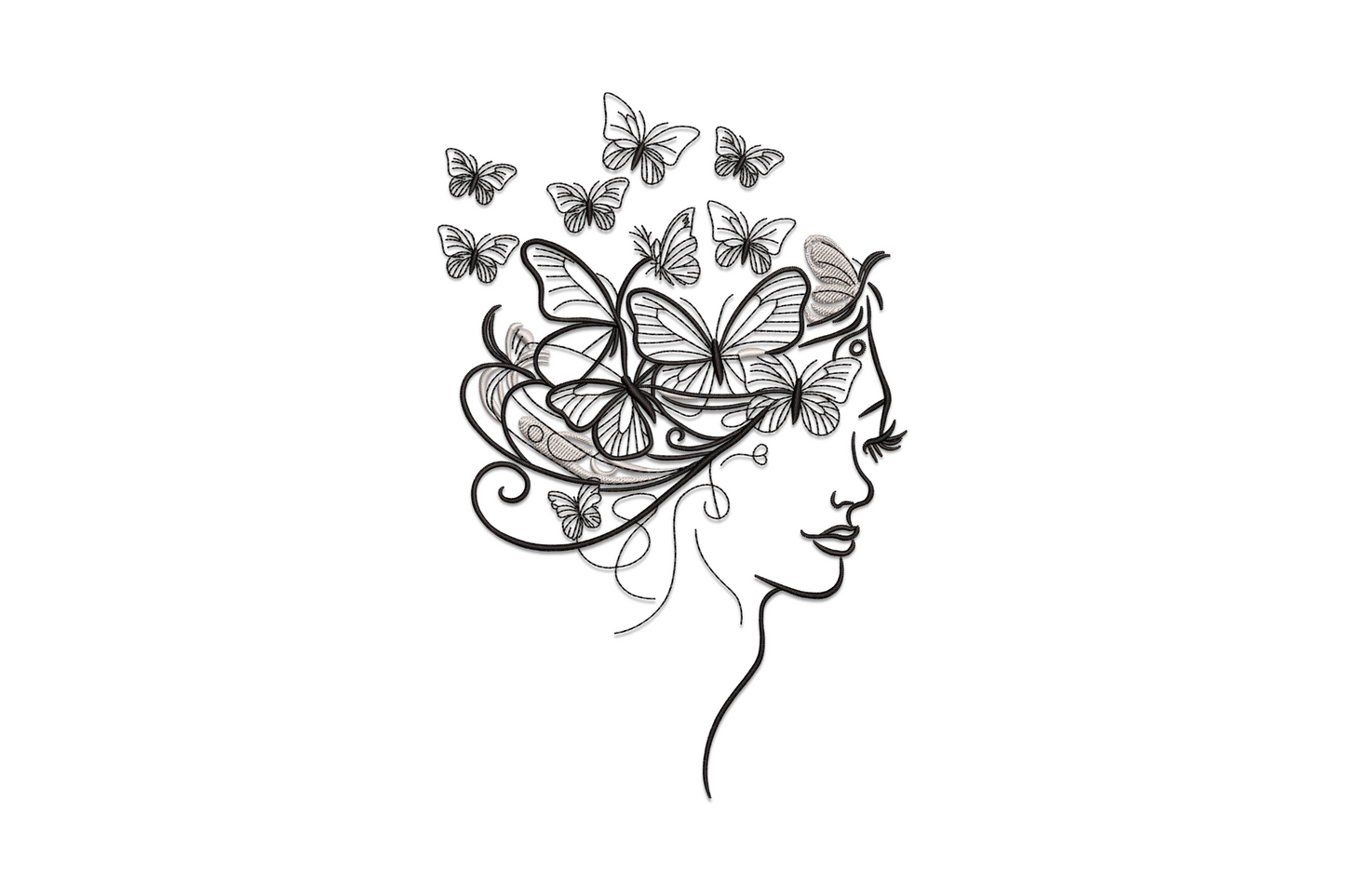 Woman silhouette embroidery design with butterfly in hair, side profile view, two-colour graphic style on white background
