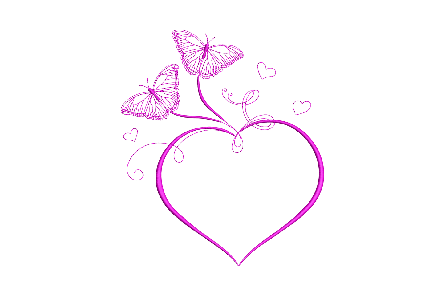 Butterfly heart outline embroidery, two magenta butterflies on a swirl stem rising from a large open heart with floating hearts.
