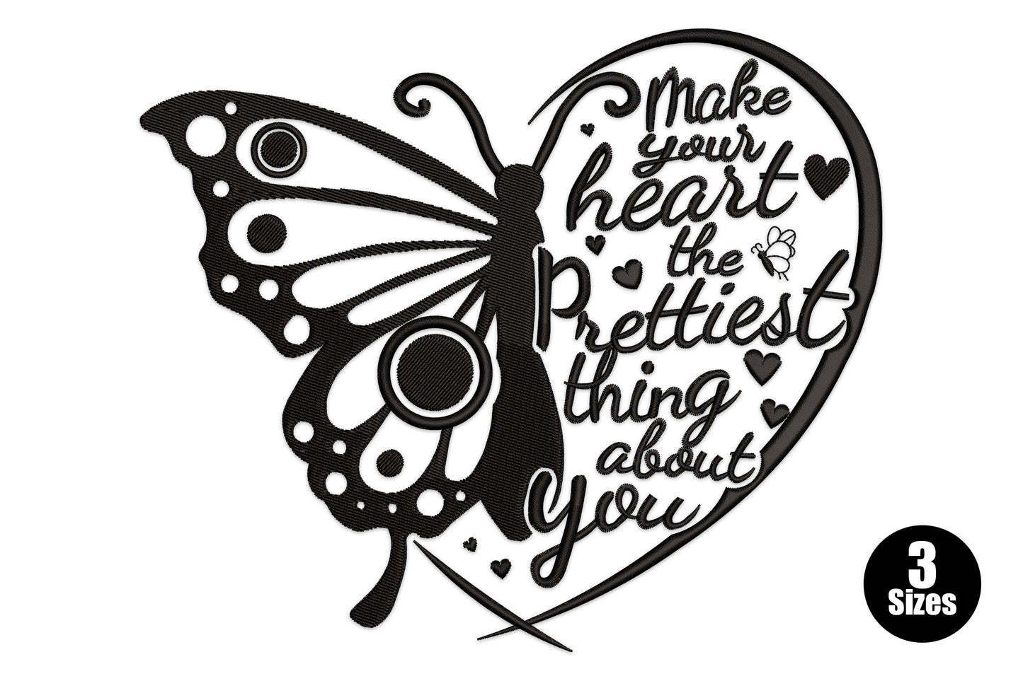 Butterfly heart quote embroidery design black thread cursive make your heart prettiest, split butterfly wing, 3 sizes 6-8 inch