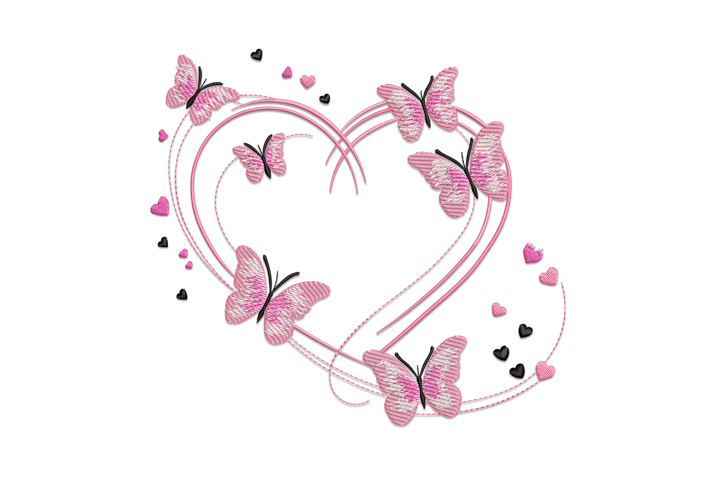 Six pink butterflies arranged in a heart outline embroidery with swirl line connectors, floating hearts and purple and black wing details on pale pink fill