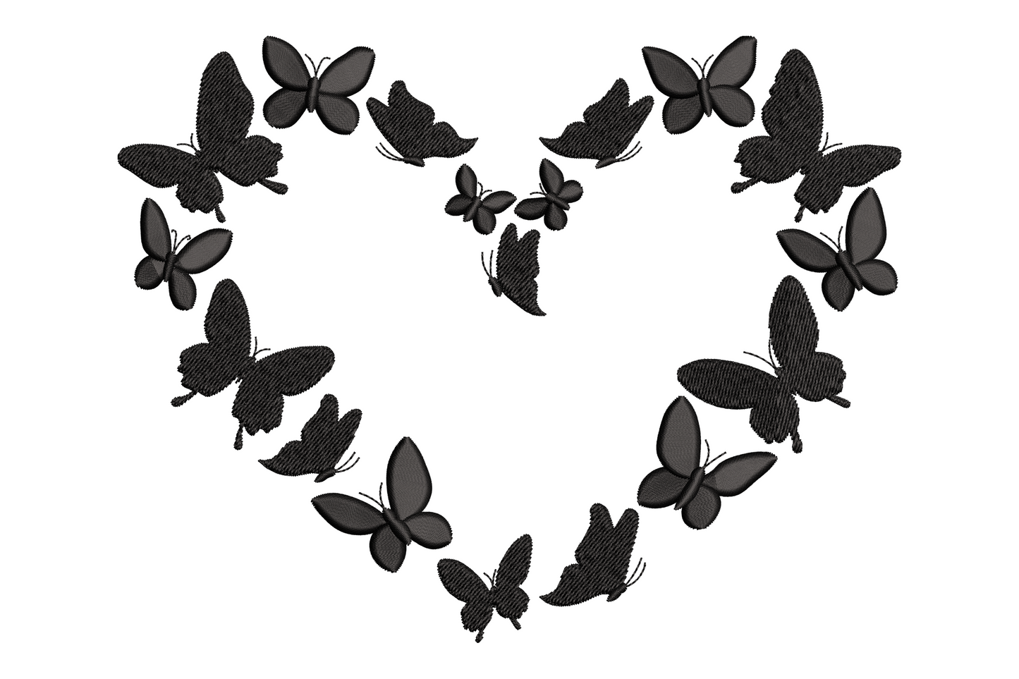 Heart-shaped butterfly wreath embroidery design in black thread, butterflies arranged to form a heart silhouette with detailed wing stitching