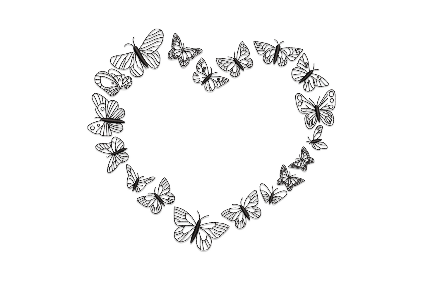 Heart wreath made of detailed butterfly silhouettes in black embroidery thread