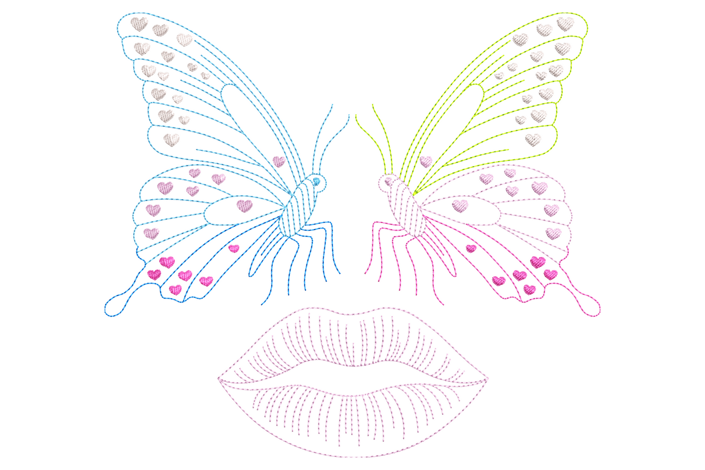 Butterfly love lips embroidery design, two outline butterflies with pink hearts on the wings above a lip silhouette
