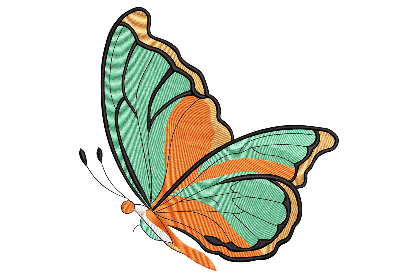Butterfly embroidery design in side profile with teal-green wings, burnt orange accents and black outline vein detail