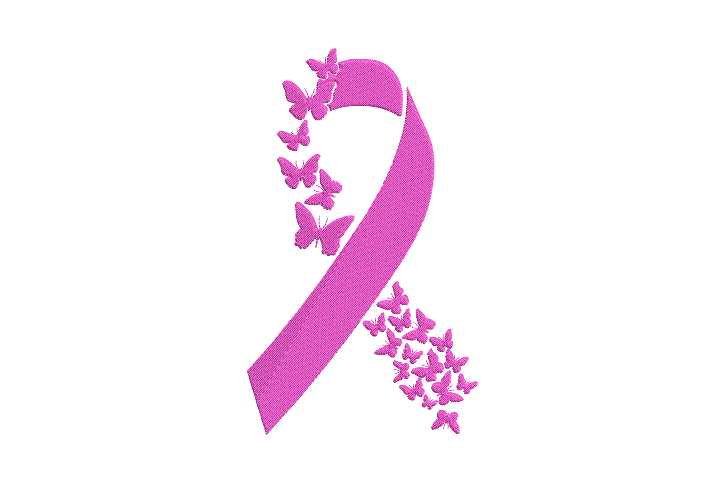 Machine embroidery design of a pink awareness ribbon surrounded by scattered butterfly silhouettes on both sides, single colour on white background.