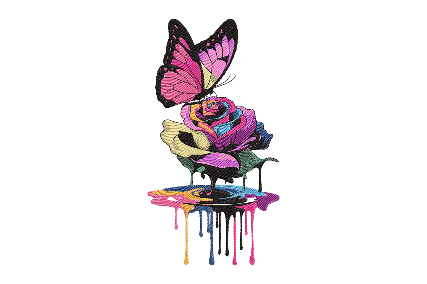 Embroidery design of a pink and black butterfly perched on a multicolour rose in purple, teal, pink and cream, with the rose base dissolving into a black pool and rainbow paint drips trailing downward.