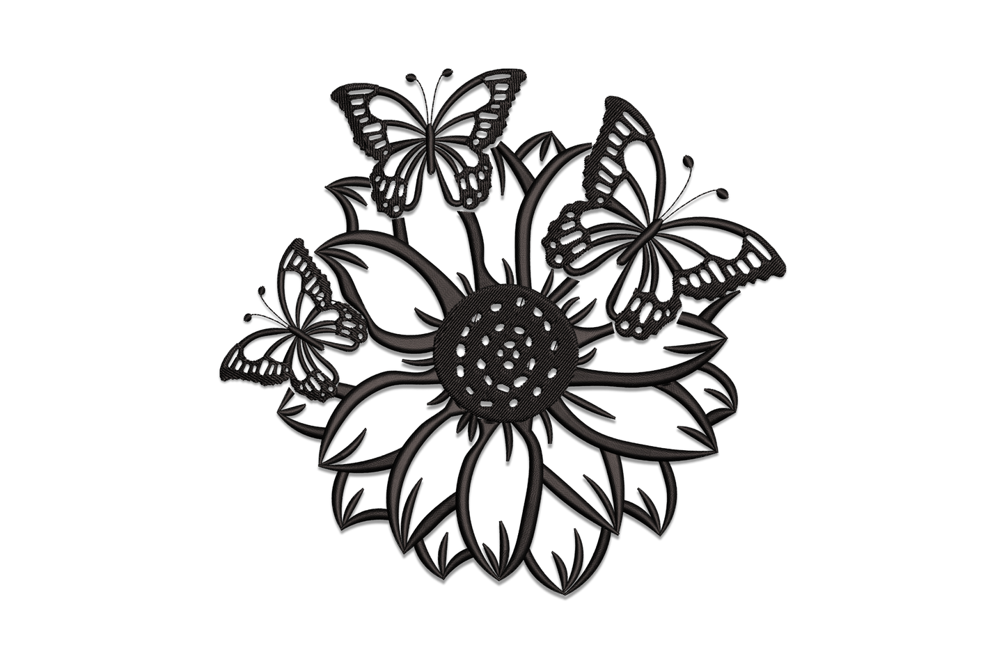 Butterfly sunflower embroidery design, three monarch butterflies perched on a large sunflower in solid black silhouette with fine wing vein detail.