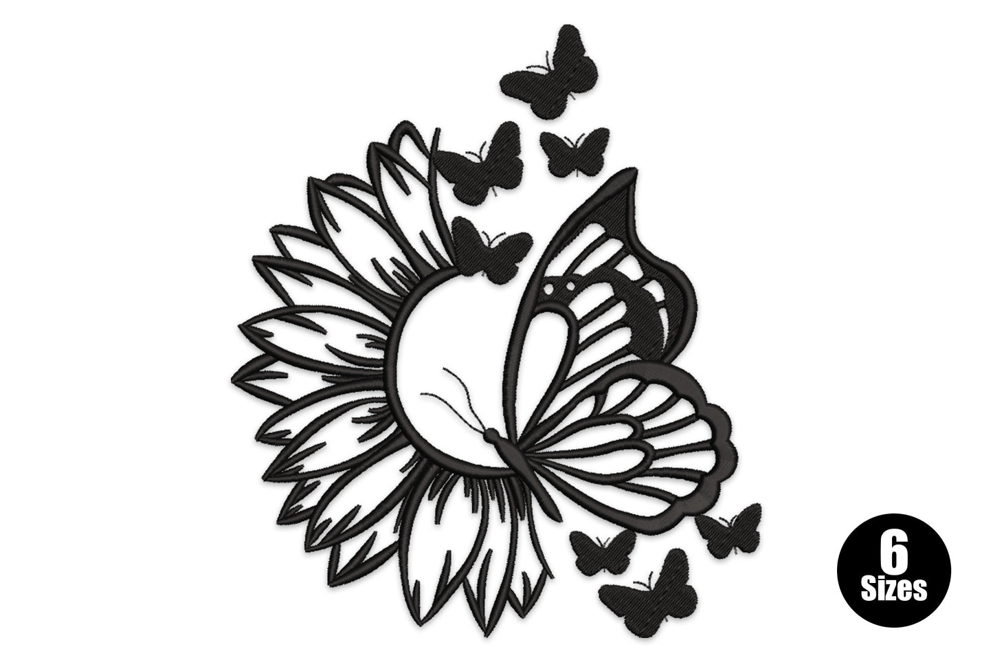 Butterfly sunflower mandala embroidery design with a monarch butterfly merged into a sunflower and scattered miniature butterflies, single black outline thread.