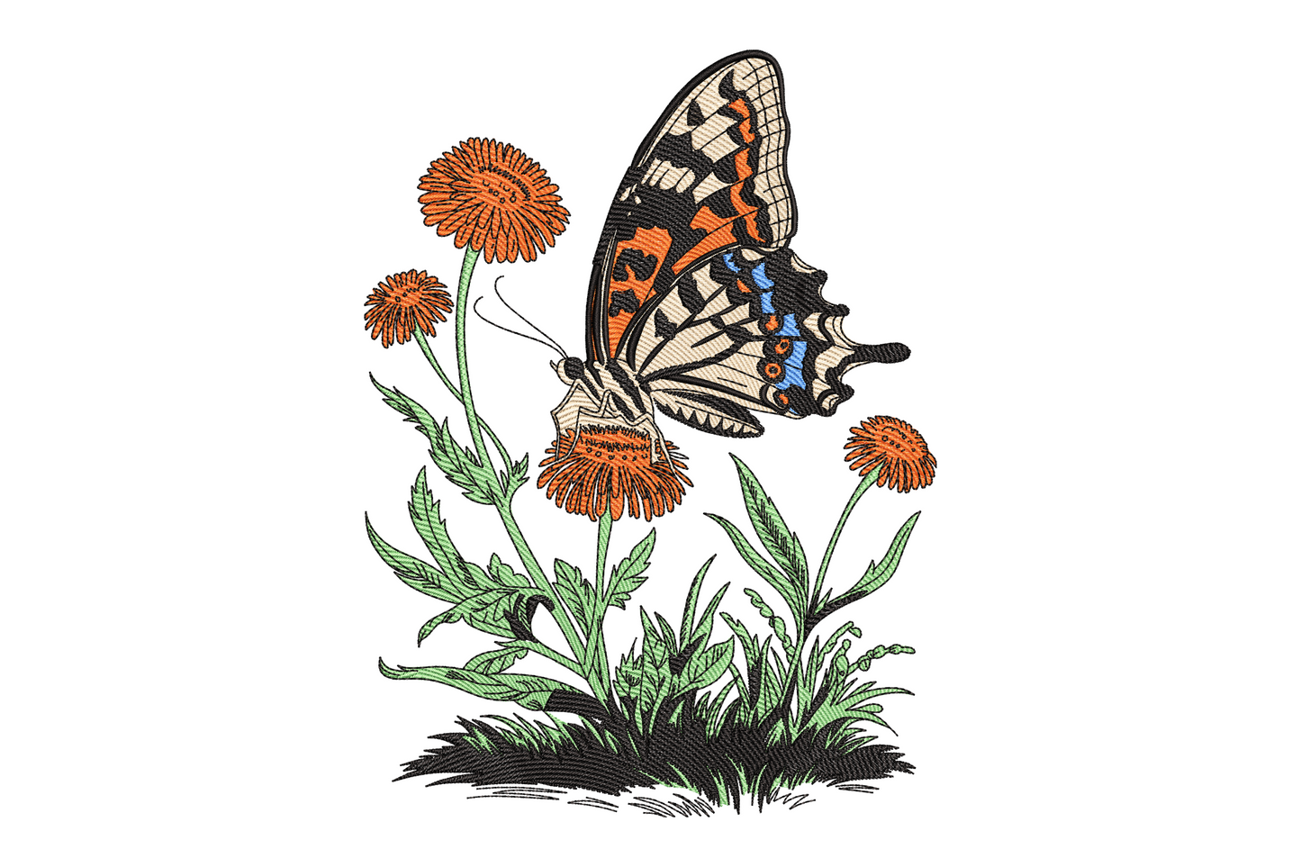 Butterfly wildflower embroidery, lavender butterfly resting among scattered meadow wildflowers with sage stems, soft 5-colour botanical composition