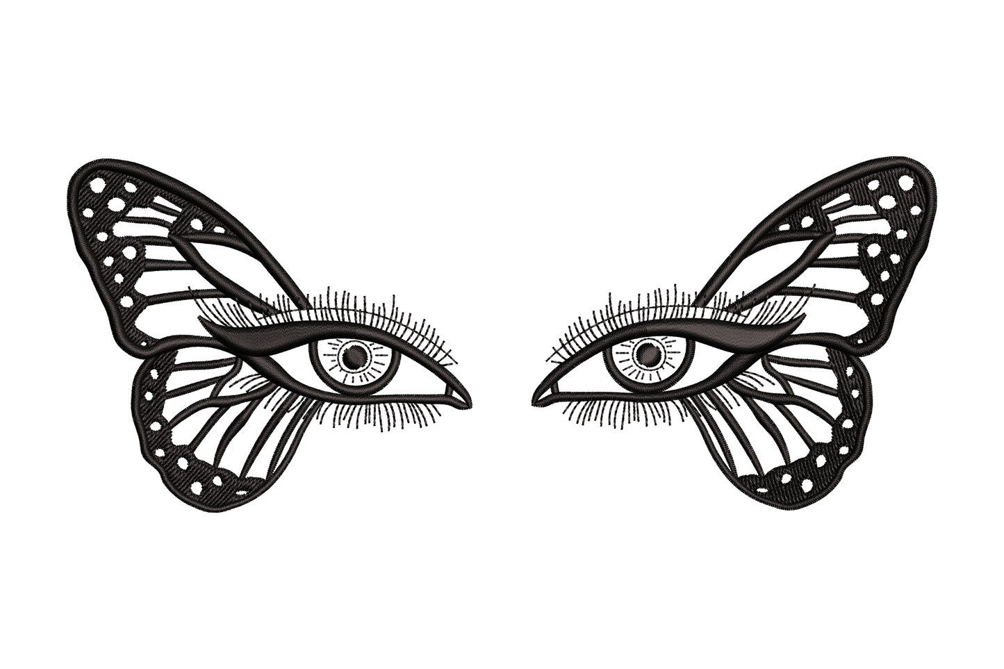 Butterfly wing eyes embroidery design, monarch wings with human eyes in lower panels, surreal black line art machine embroidery