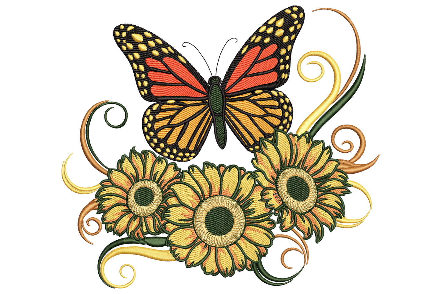 Monarch butterfly perched above three golden sunflowers with curly scrollwork, dark green leaves and rust orange wings.
