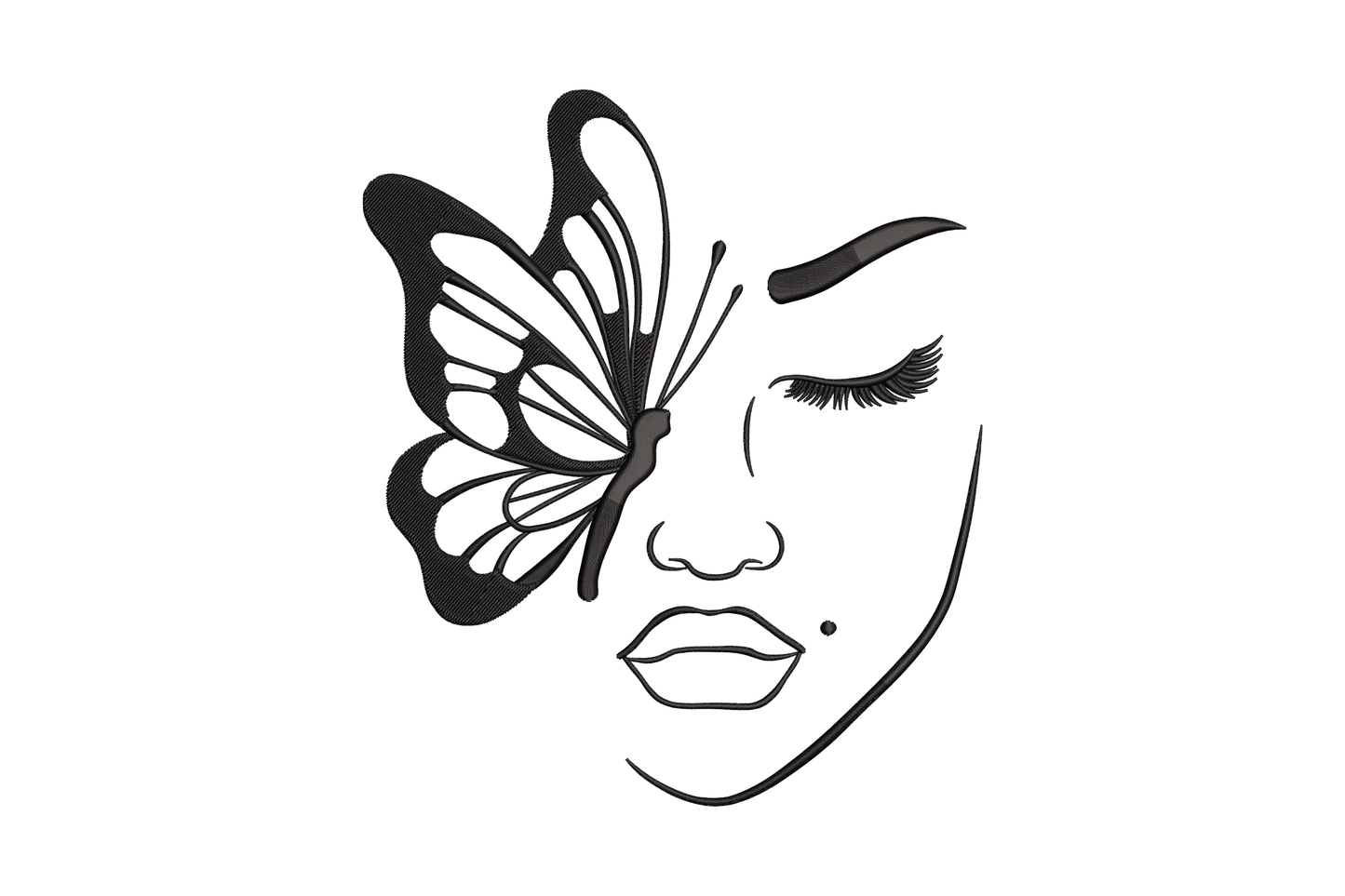 Butterfly woman face line art embroidery design with monarch butterfly wings spread beside a minimal female profile, single black thread.