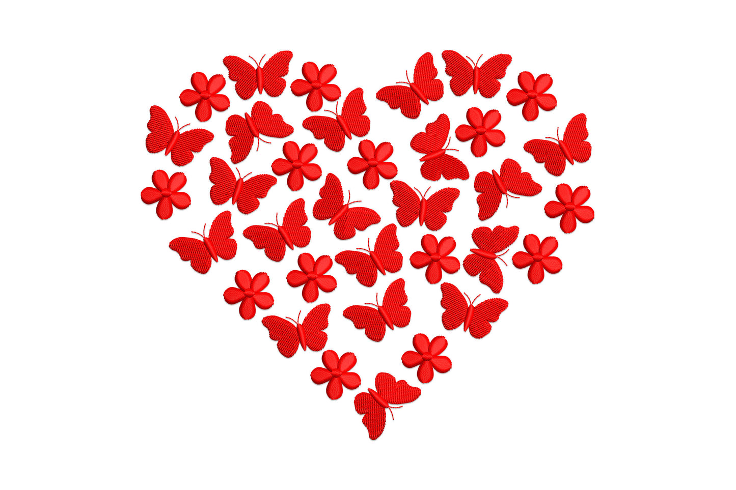 Red heart embroidery design made from densely packed butterflies and 5-petal flowers, all solid red, no outline.