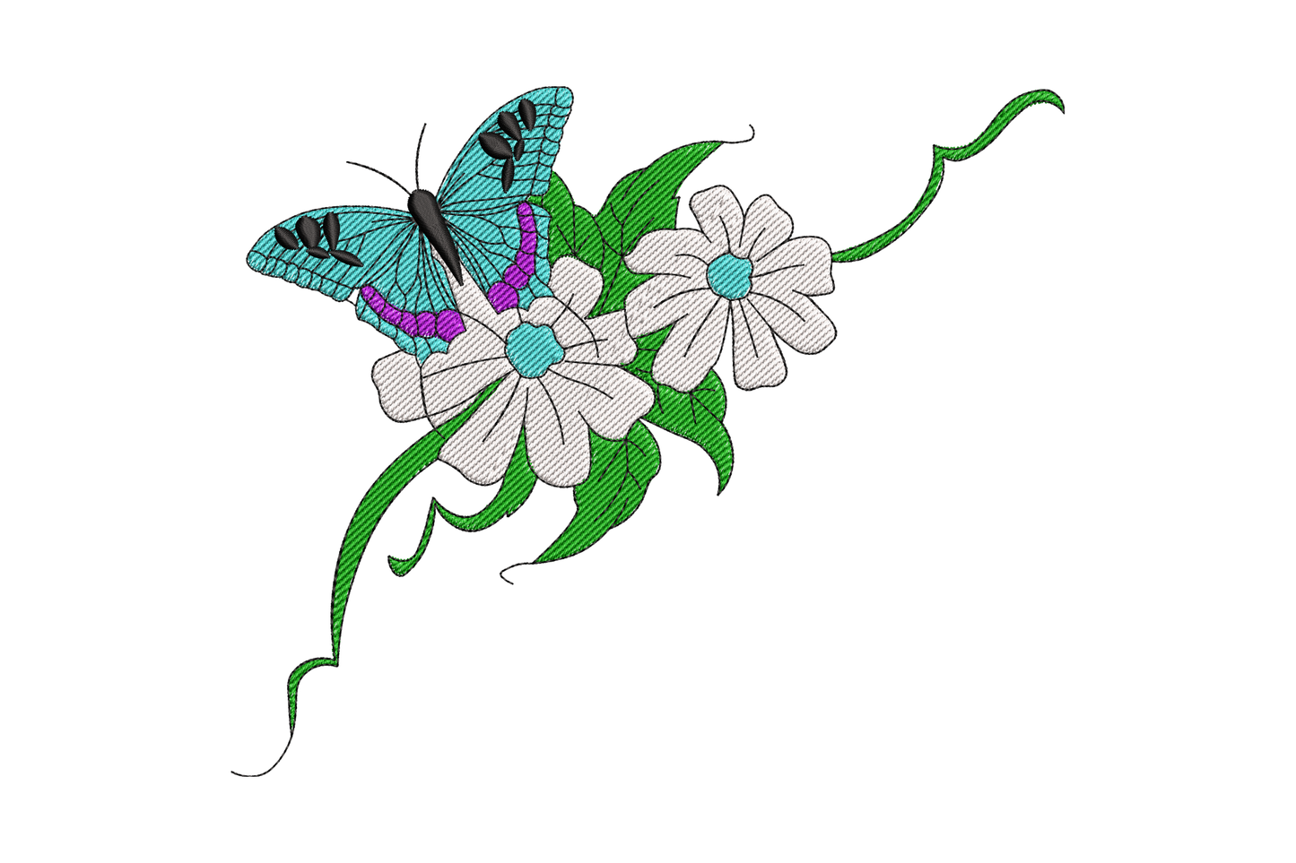 Butterfly and daisy floral embroidery design, blue swallowtail on white daisy spray with green vine, 5 colors