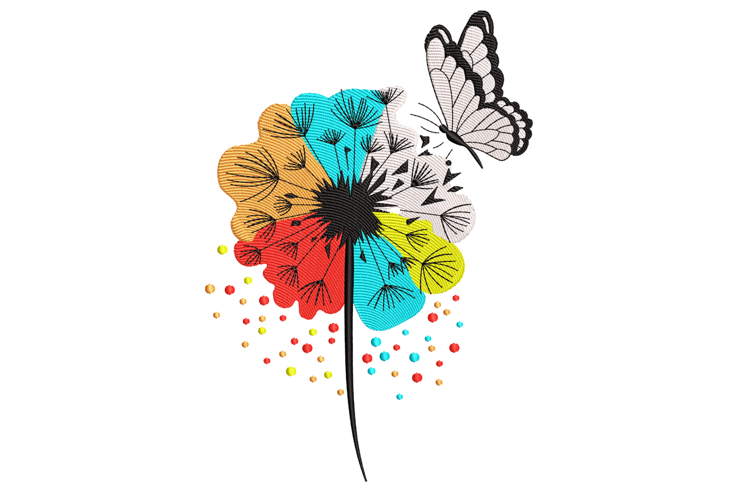 Black-outlined butterfly perched on a colour-burst dandelion with cyan, peach, red and yellow petals and drifting seed wisps.