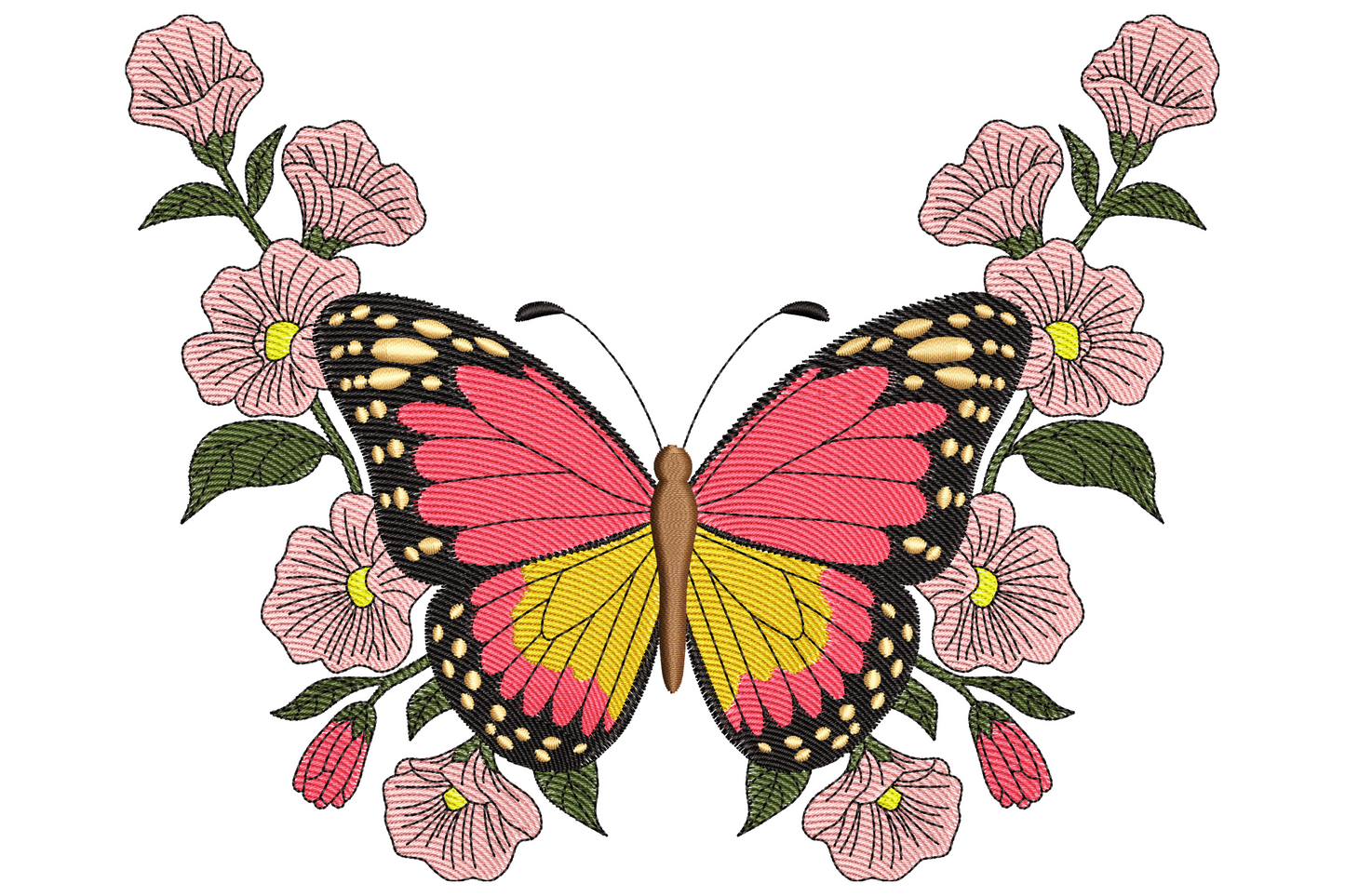 Butterfly embroidery with coral pink and golden yellow wings, surrounded by blush pink hibiscus flowers and dark olive foliage on a symmetrical botanical composition.