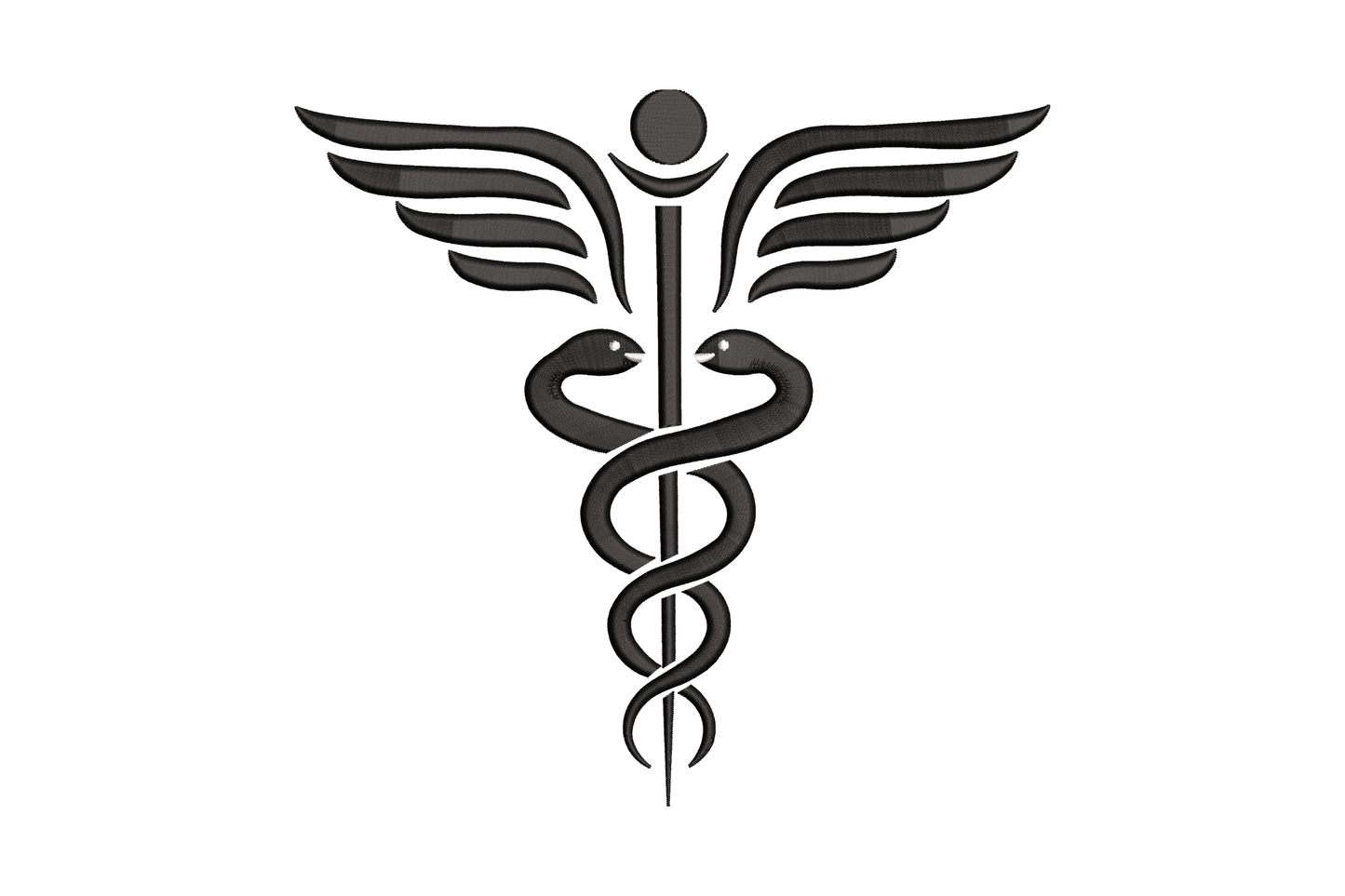 Caduceus medical symbol embroidery design, winged staff with twin mirrored serpents in black and white, 6 sizes up to 6.65 inches wide