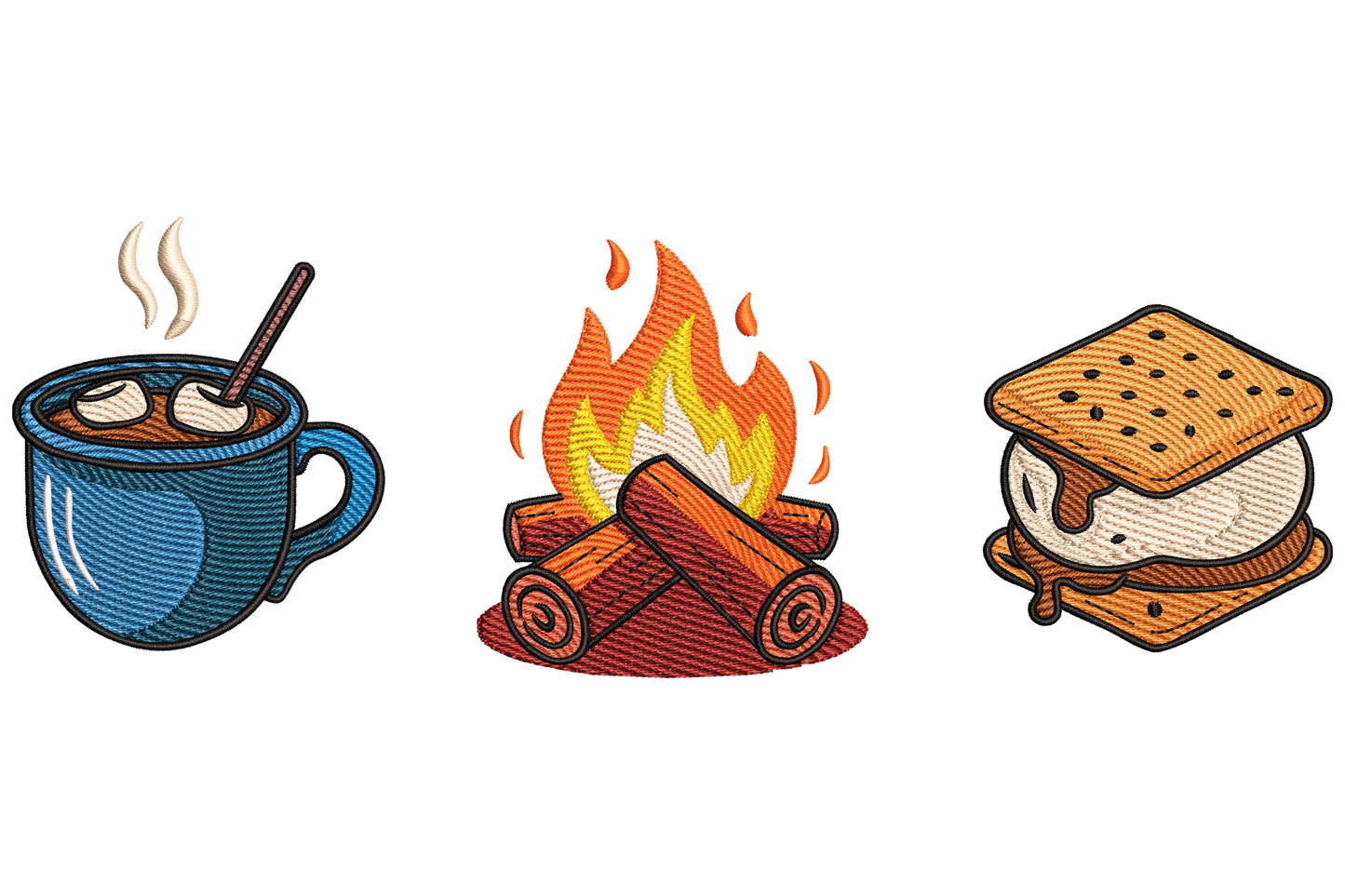 Campfire treats embroidery design showing toasted marshmallow on stick over flames with s'mores, 15-colour bright cartoon style.
