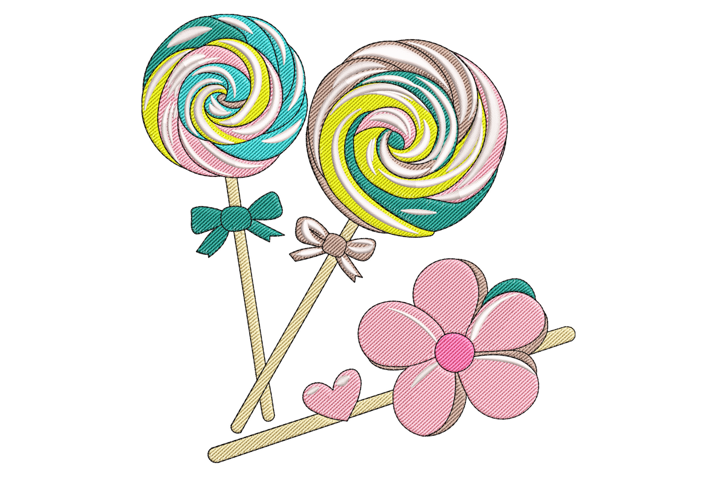 Candy lollipop and flower embroidery, two pastel swirl lollipops with bows and pink daisy lollipop on tan sticks