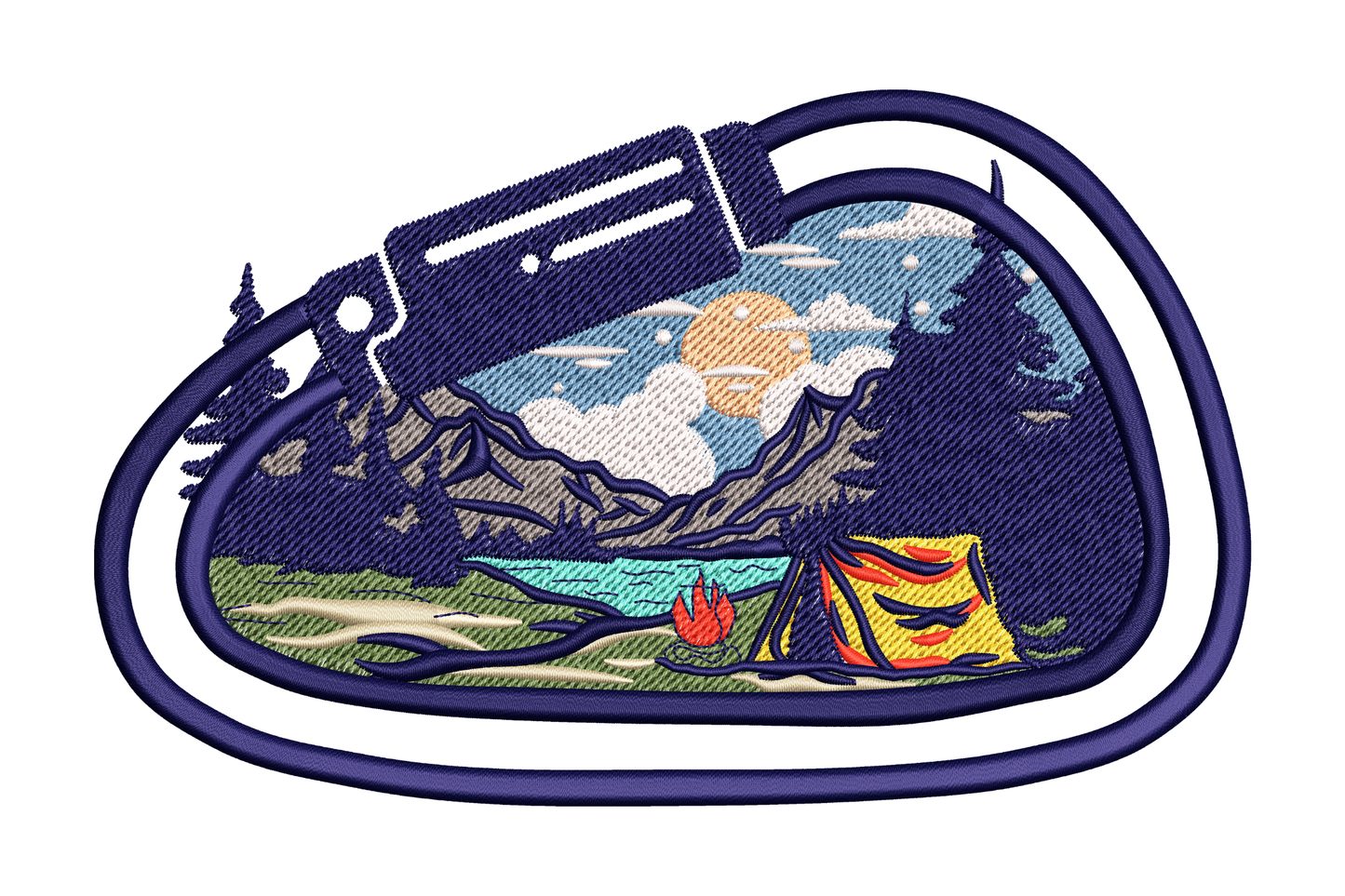 Machine embroidery design of a D-ring carabiner clip with a camping landscape scene stitched inside, including tent, mountains and campfire, 10 colours.