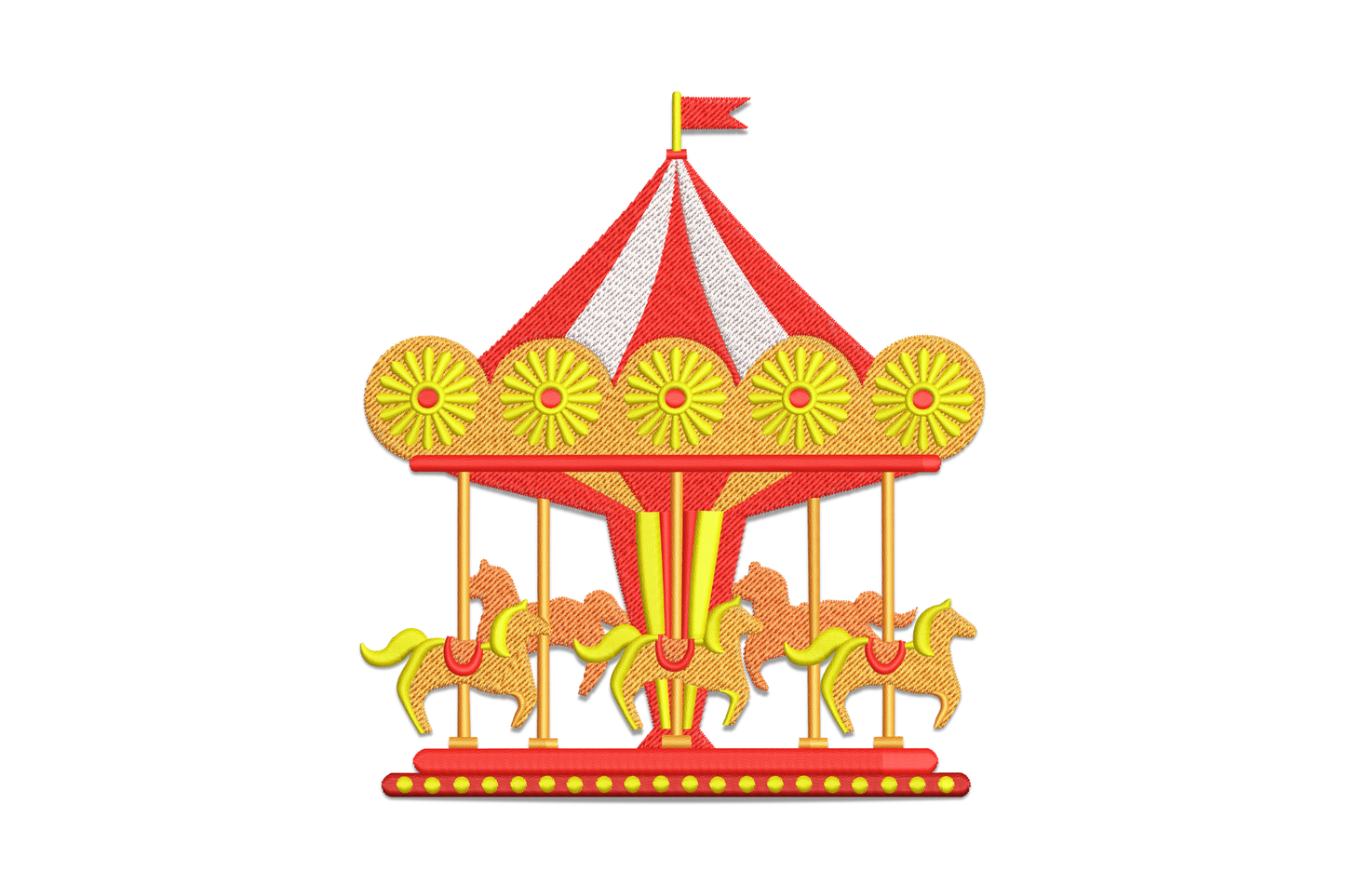 Full carousel embroidery design with a red and white striped conical canopy, yellow flag, orange daisy medallions, four gold stylised horses on poles and a yellow platform base.