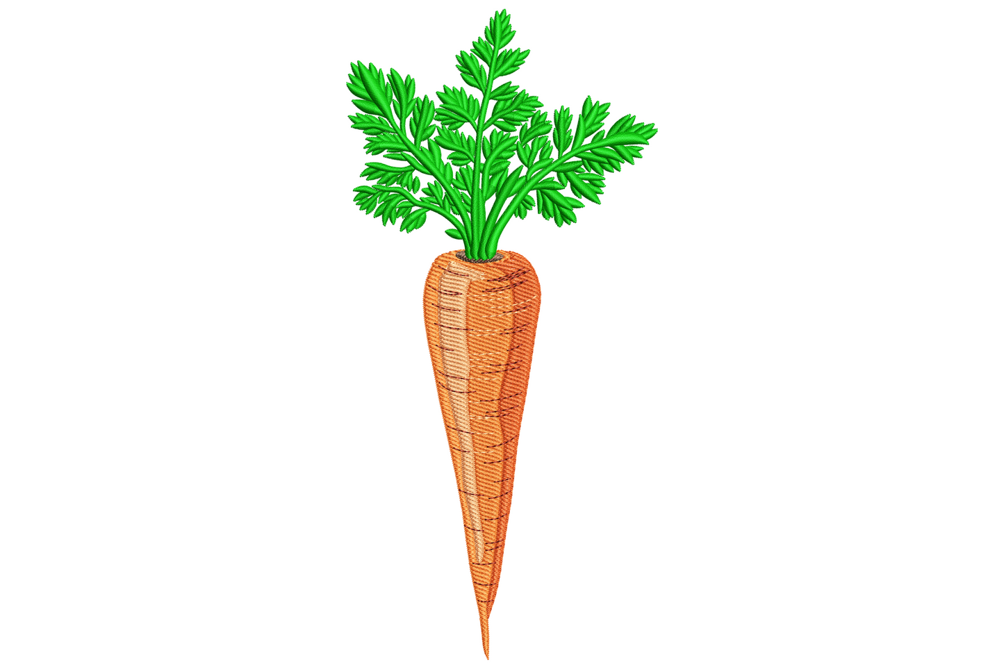 Realistic carrot embroidery design with orange crosshatch body and lush dark green leafy top, pointing downward on white background.