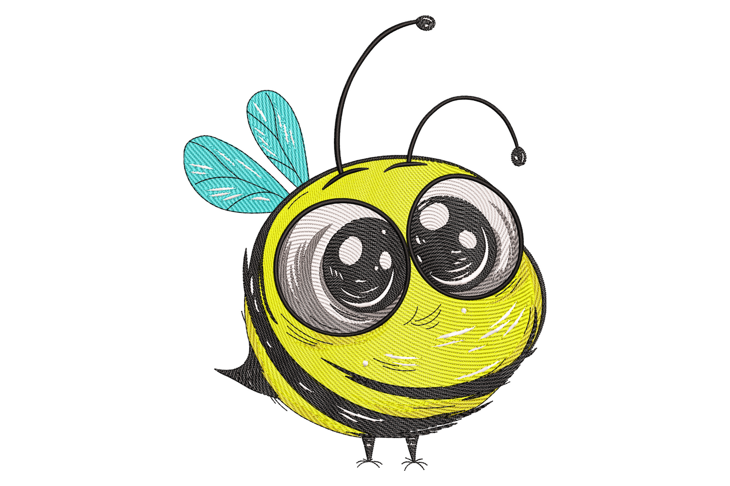 Cartoon bee with big eyes embroidery design showing a chubby round yellow bee body with large anime-style eyes, sketchy black linework and small teal wings.